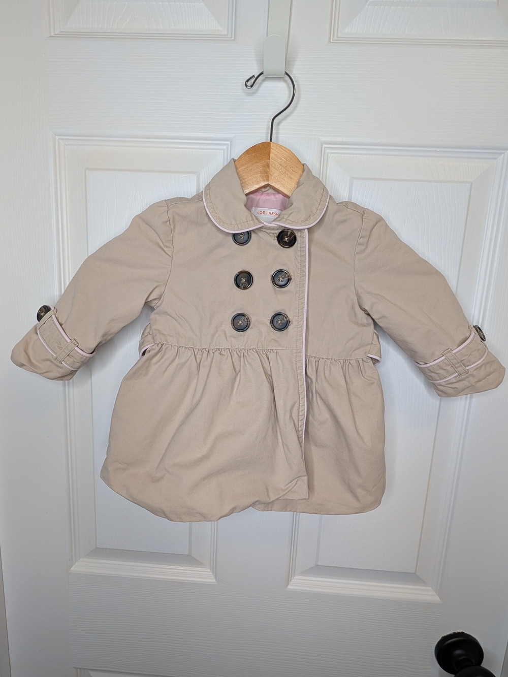 Joe Fresh Toddler Double-Breasted Cream Trench Coat Pink Trim Size 6-12M